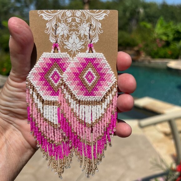 Handmade Beaded Native American Style Long & Large Fringe Dangle Drop Earrings - Picture 8 of 9